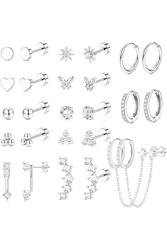 Gold Earrings for Women Hypoallergenic 20G Surgical Stainless Steel Flat Back Stud Earrings Dainty Stackable Earring Stacks Hoop Cartilage Earring Sets for Multiple Piercing
