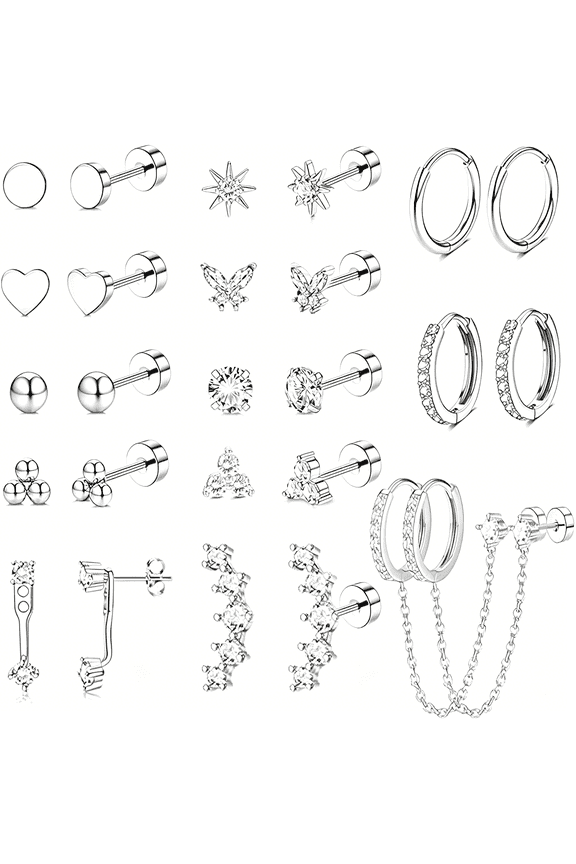 Gold Earrings for Women Hypoallergenic 20G Surgical Stainless Steel Flat Back Stud Earrings Dainty Stackable Earring Stacks Hoop Cartilage Earring Sets for Multiple Piercing