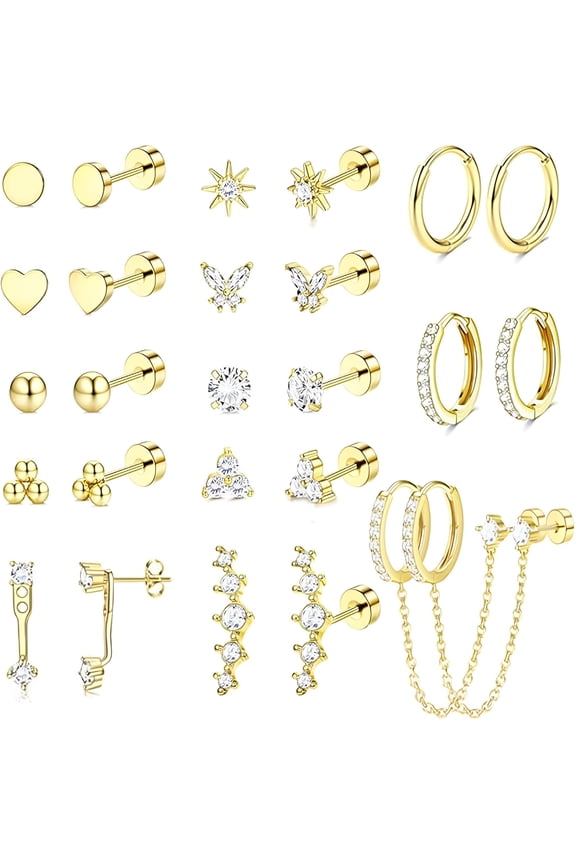 Gold Earrings for Women Hypoallergenic Flat Back Stud Earrings Dainty Stackable Earring Stacks Hoop Cartilage Earring Sets for Multiple Piercing
