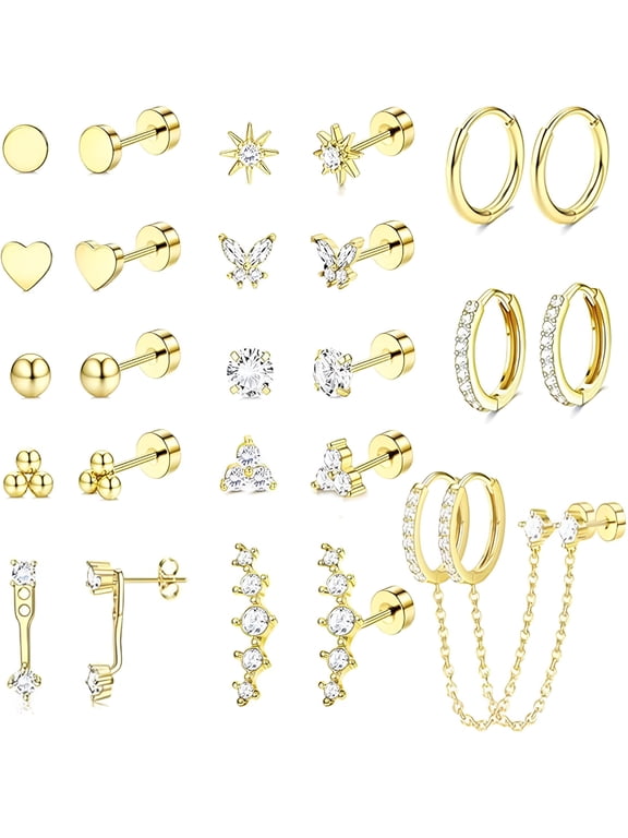 Gold Earrings for Women Hypoallergenic Flat Back Stud Earrings Dainty Stackable Earring Stacks Hoop Cartilage Earring Sets for Multiple Piercing