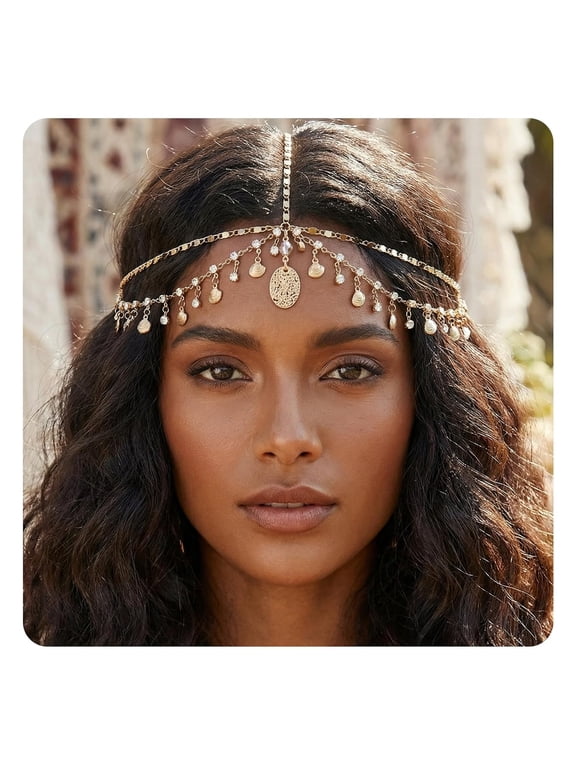 Gold Head Chain Shells Rhinestone Egyptian Headpiece Gold Genie Head Jewelry for Women Girls Goddess, Boho Headpiece Egyptian Hair Accessories for Festival Prom Wedding
