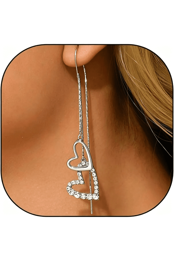 Gold Heart Dangle Earrings for Women,Dainty Crystal Heart Long Drop Chain Tassel Threader Earrings Fashion Jewelry for Wedding Engagement