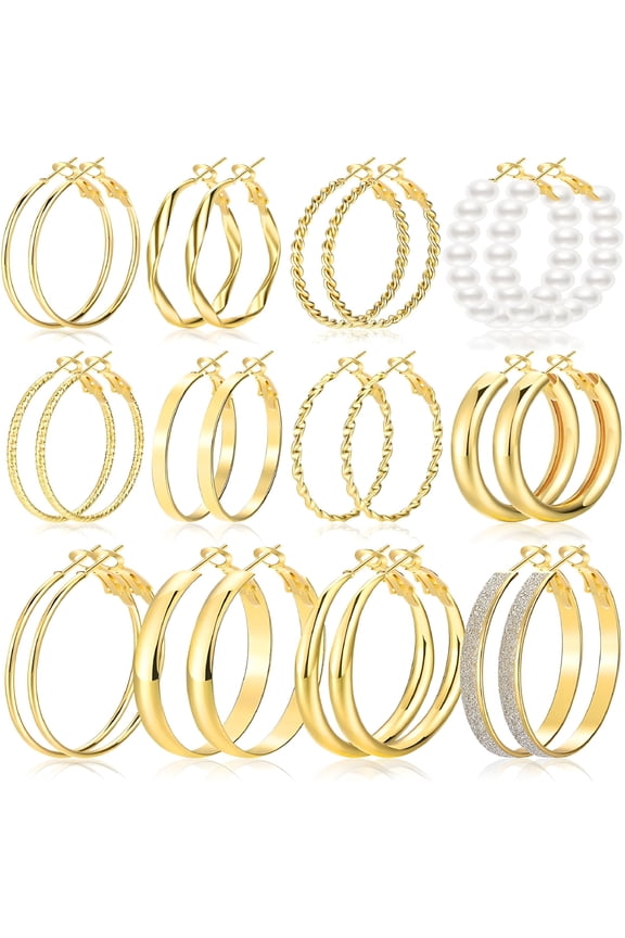 Gold Hoop Earrings Set for Women, 12 Pairs Hypoallergenic Large Big Thin Thick Gold Hoops Earrings Loop Pack for Jewelry Gift 40mm/50mm