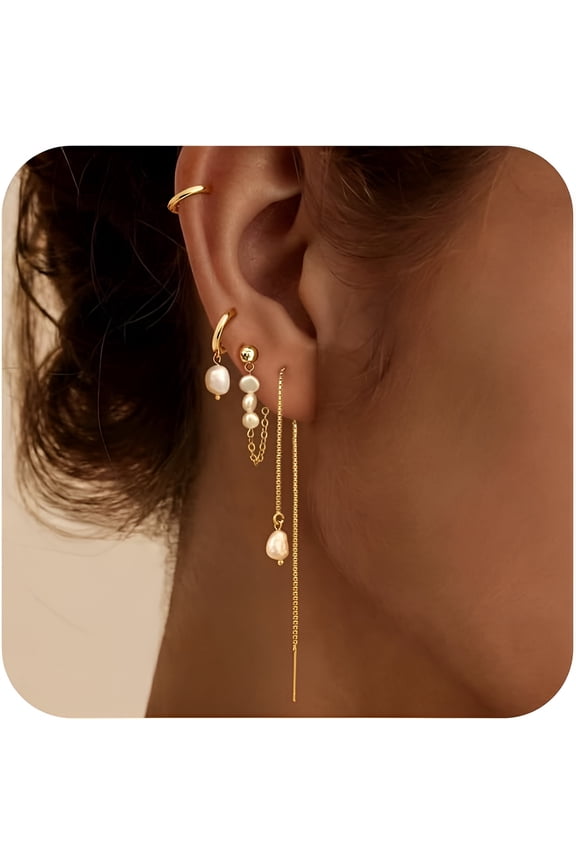Gold Hoop Earrings for Women,14K Gold Plated Hypoallergenic Pearl Drop Dangle Huggie Hoop Earring Stack for Multiple Piercings & Cartilage,Dainty Trendy Womens Jewelry