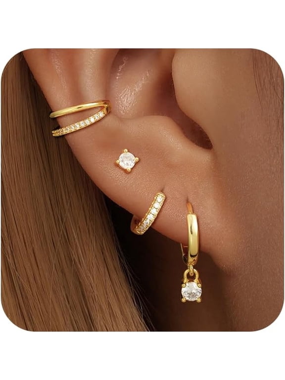 Gold Huggie Small Hoop Earrings Set for Women Trendy Hypoallergenic 14K Plated Stack Cartilage Multiple Piercing Earrings for Sensitive Ears Lightweight Mini Cute 4 Pairs Stud Earring