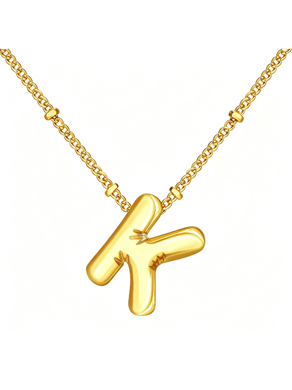 Gold Initial Bubble 3D Letter Necklace for Women Trendy with Beaded Satellite Chain, Dainty Cute Monogram Puffy Balloon Letter Name Necklaces Personalized Jewelry Gift