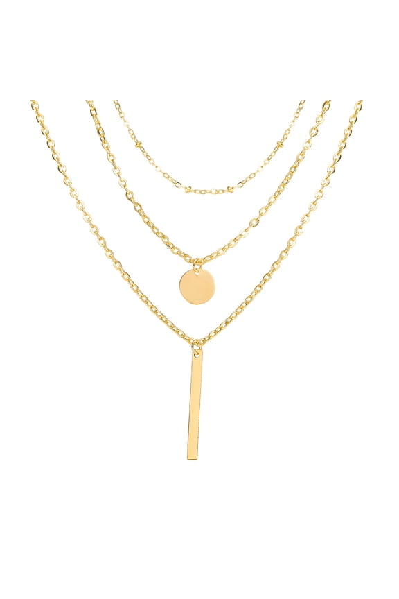 Gold Initials Layered Necklace, 14K Gold Plated Coin Alphabet Thin Bar Stacking Necklace, Zirconia