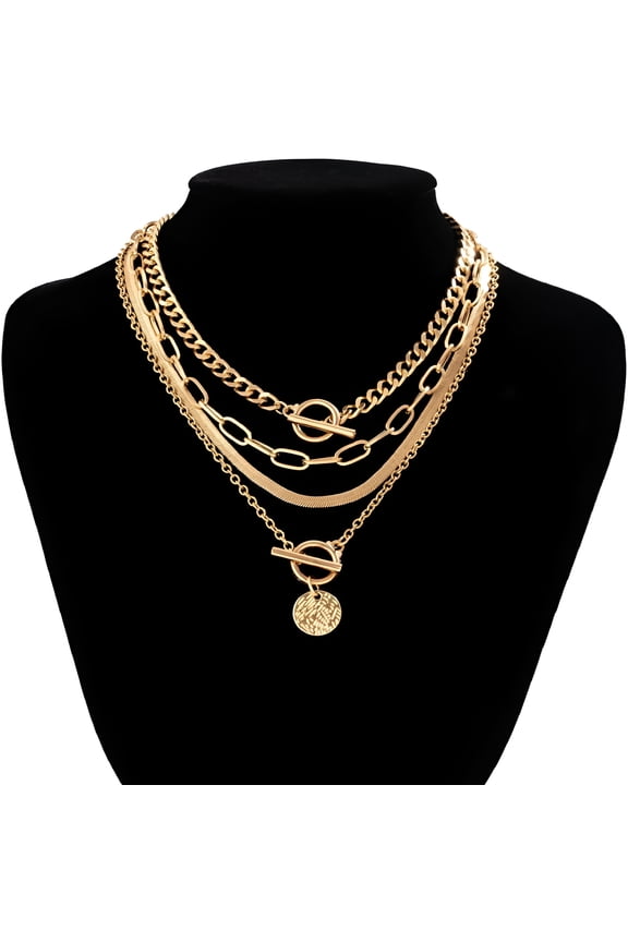 Gold Layered Necklaces for Women Chunky Gold Necklace Herringbone Paperclip Chain Necklace Dainty Cuban Stacking Coin Heart Star Cross Pendant T Bar Necklace Gold Jewelry Gifts