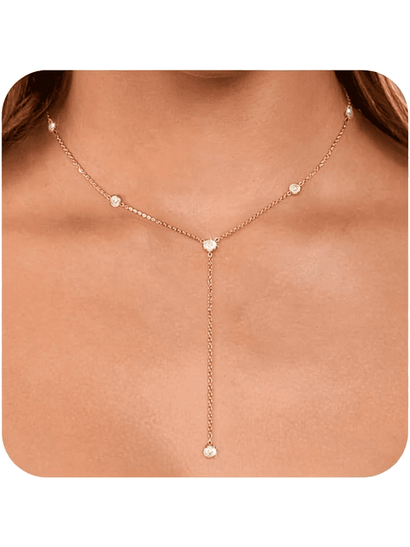 Gold Necklace for Women Trendy Lariat Y Necklace Dainty 14K Gold Plated/Silver Long Necklaces for Women Layered Beaded Drop Necklaces Simple Y-Shaped Chain Jewelry Gifts