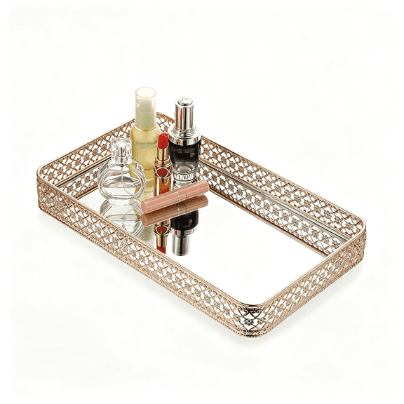 DESIGNICE Gold Perfume&Makeup Vanity Tray-Hollow-Carved Jewelry Storage,Glass&Metal Trinket Organizer for Dresser&Bathroom Countertop,Elegant Perfume Tray,Large Size