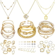 DESIGNICE Gold Plated Jewelry Set - 5 Necklaces, 14 Bracelets, 20 Earring Pairs, 20 Knuckle Rings