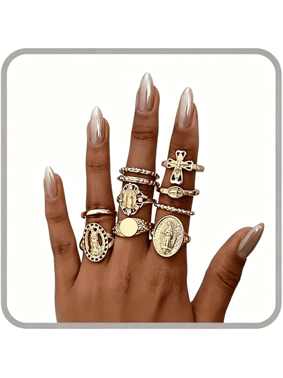 Gold-Plated Rings for Women Set Boho Virgin Mary Cross Ring Chunky Vintage Stacking Rings for Women Trendy Knuckle Joint Midi Finger Statement Silver Ring Set Faith Religious Jewelry