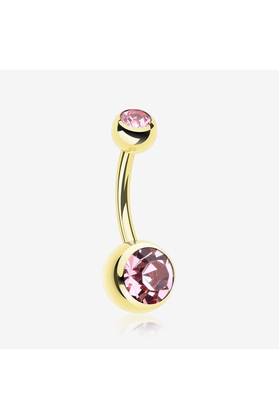 Gold Pvd Double Gem Ball Steel Belly Button Ring-Light Pink,Gold Belly Button Ring,Belly Button Ring Gold