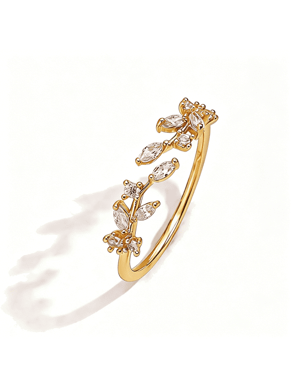 Gold Rings Non Tarnish Silver Adjustable Rings for Women Cubic Zirconia Leaf Ring Dainty Silver Stackable Ring for Women