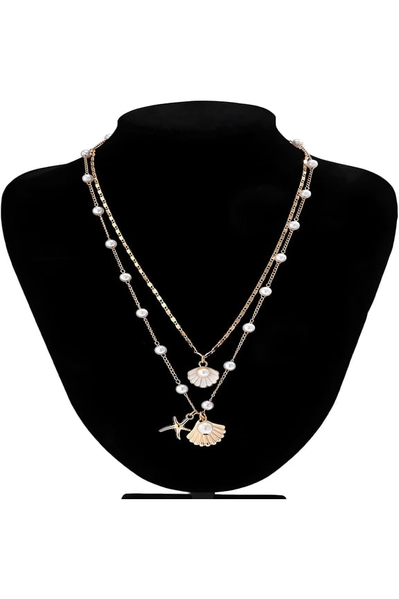 Gold Sea Shell Necklace, Layer Charm Necklace for Women Boho Seashell Beach Starfish Necklace for Women Halloween Costume Jewelry Accessories Dresses