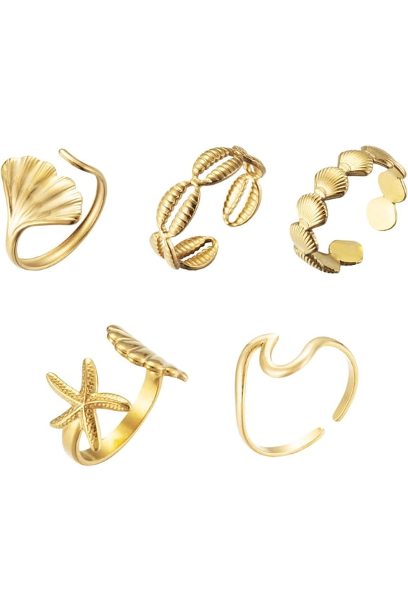 Gold Seashell Rings for Women Beach Surfer Starfish Gold Dainty Seashell Wave Stacking Rings Summer Jewelry for Women