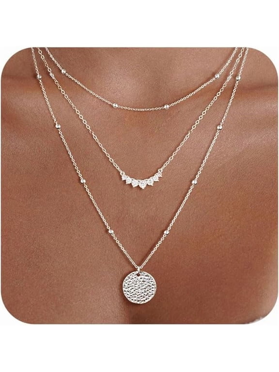 Gold/Silver Layered Necklaces for Women,Dainty 14K Gold Plated Stackable Choker Necklaces for Women,Trendy Layering Coin Chain Pendant Jewelry Set Gifts