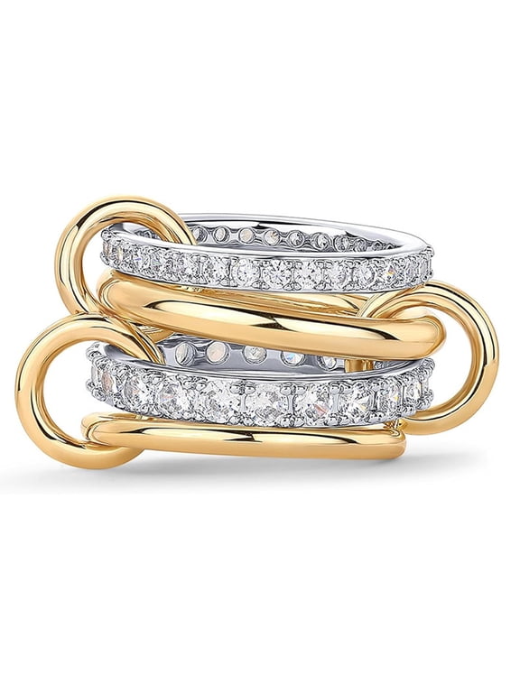 Gold Silver Stackable Rings for Women Mixed Metal Interlocked Statement Ring Stack 14K Gold Plated Cubic Zirconia Fashion Two Tone Connected Bands Size 4-11 Valentines Day Jewelry Gifts