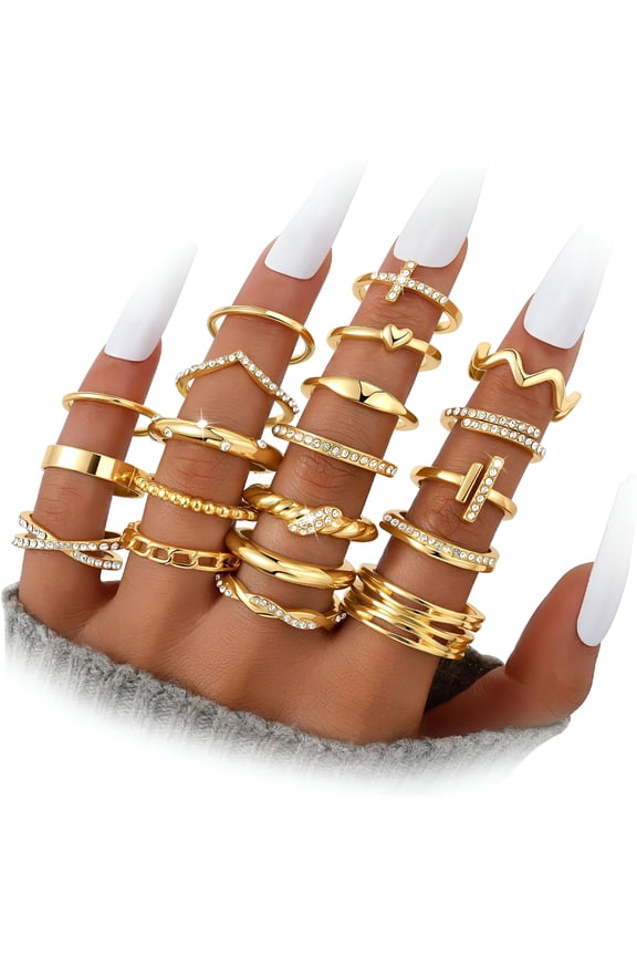 Gold Stackable Rings Set for Women, Gold Plated Chunky Crystal Finger Midi Stacking Rings, Dainty Statement Thumb Knuckle Rings Pack, Multiple Sizes Jewelry