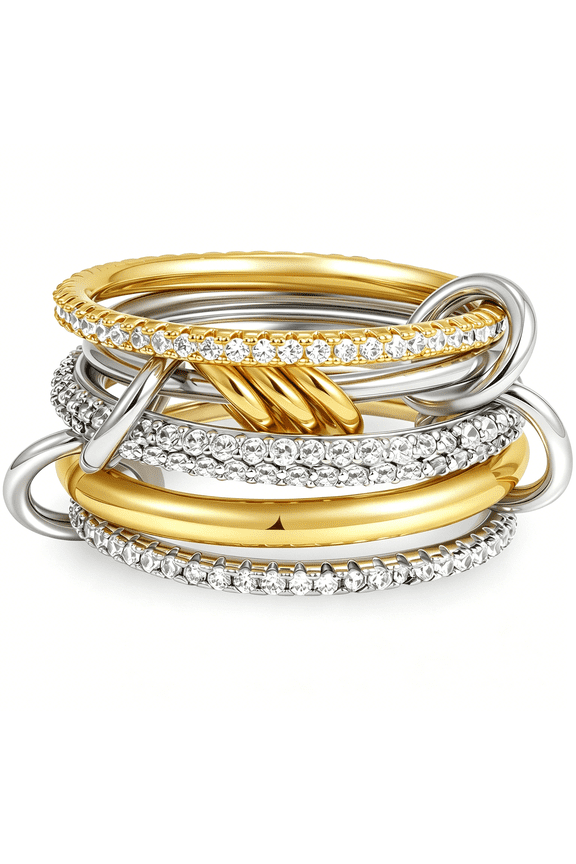 Gold Stackable Rings for Women,18K Gold Plated Cubic Zirconia Rings Silver Gold Multi Ring Mixed Metals Stackable Ring Set for Women Non Tarnish