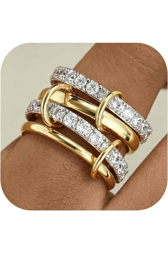 Gold Stackable Rings Women Non Tarnish 18K Gold Plated Interlocked Stack Rings Set Silver Gold Mixed Metals Multi Ring Statement Thumb Rings Cubic Zirconia Connected Bands