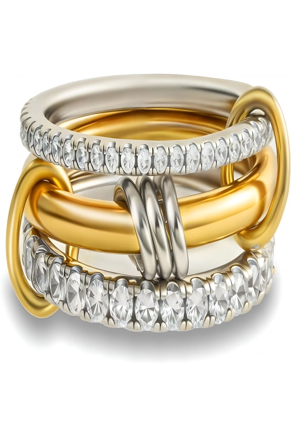 Gold Stackable Rings for Women Non Tarnish, 18k Gold Plated Cubic Zirconia Rings, Silver Gold Multi Ring Mixed Metals Stack Rings Set