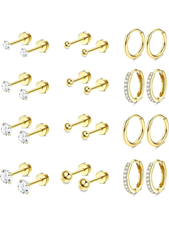 Gold Stud Hoop Earrings,Hypoallergenic Surgical Steel Earrings for Sensitive Ears,Comfortable Flat Back Earring,Nickel-Free Cartilage Earring Stack Set for Multiple Piercing Jewelry 12Pairs
