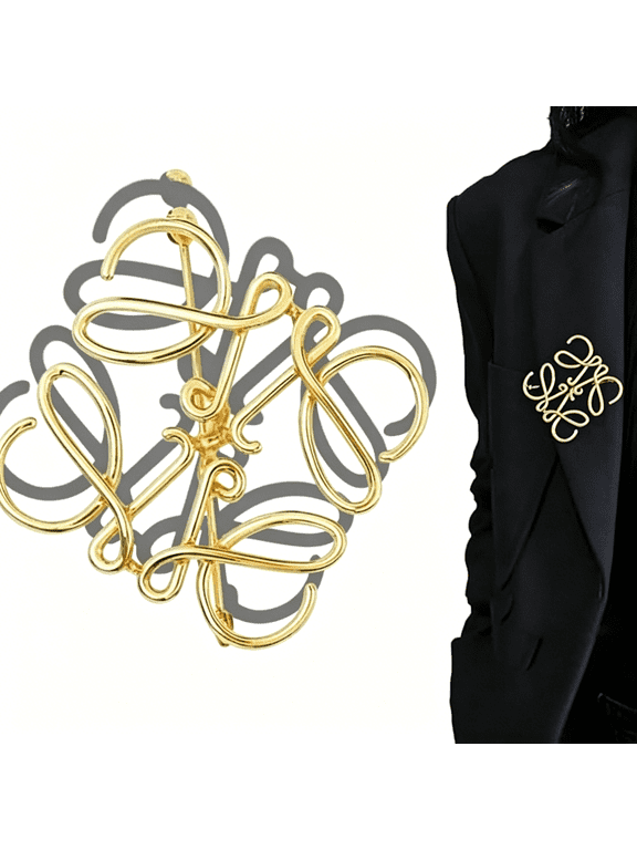 Gold Tone Brooch Pin,Metal Fashion Accessory for Women Party Outfit Coat Scarf Bag Decoration Golden Interlocking Letter Design Brooch