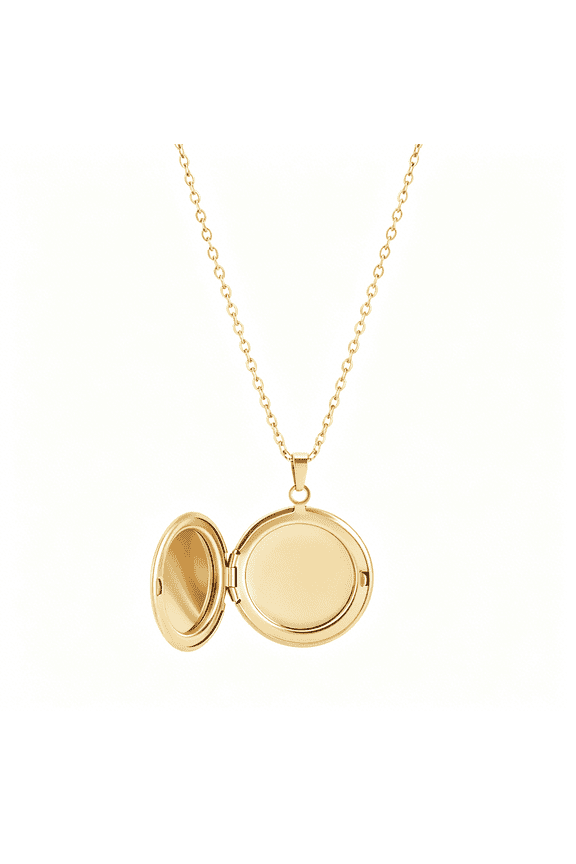 Golden Round Shaped Locket Necklace 17.6 Inch 304 Stainless Steel Flat Round Locket Pendant Cable Chain Necklaces Round Photo Locket Necklace for Women Men Stylish Accessory Golden