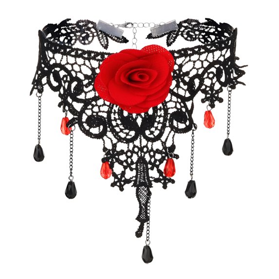 DESIGNICE Goth Accessories,Lace Rose Gem Tassel Pendant Black Jewelry Sets for Women,Polyester Alloy Gothic Necklace,For Women Halloween Daily Use,Style3