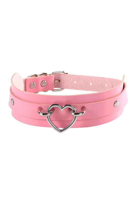 Gothic Adjustable Metal Bucket Women Necklace Heart Decor Faux Leather Choker Necklace Jewelry Accessory, Pink