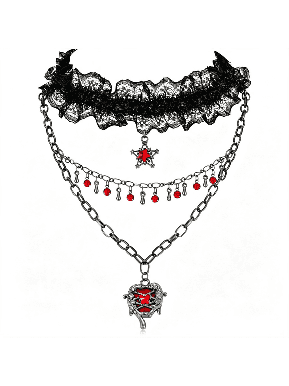 Gothic Black Lace Choker Necklace for Women, Y2K Layered Chain with Red Dripping Heart and Star Pendant, Punk Grunge Halloween Jewelry Aesthetic Accessories