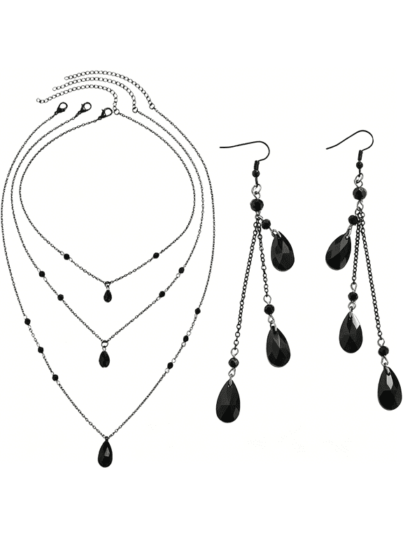 Gothic Blood Drops Necklaces Earrings for Women,Vintage Black Red Crystal Moon Teardrop Necklaces Earrings Set Punk Style Vampire Jewelry Set Goth Mystery Costume Accessories Halloween Prom