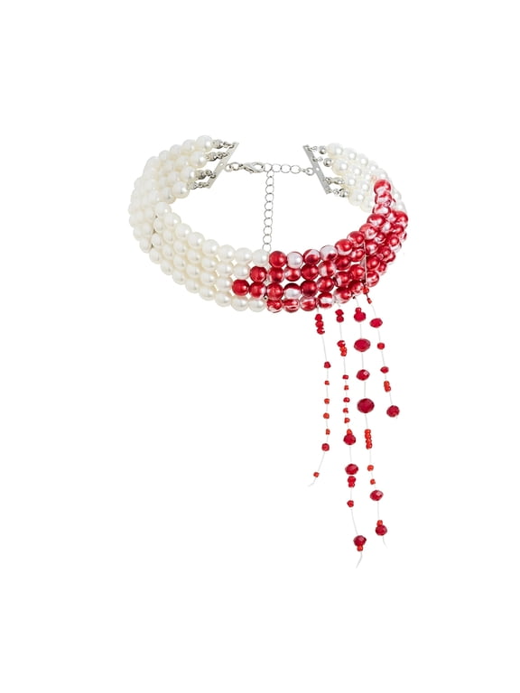 Gothic Blood Pearl Necklace Dripping Bloody Choker Halloween Vampire Jewelry Faux Pearls Tassel Costume Accessory for Women Gothic Style
