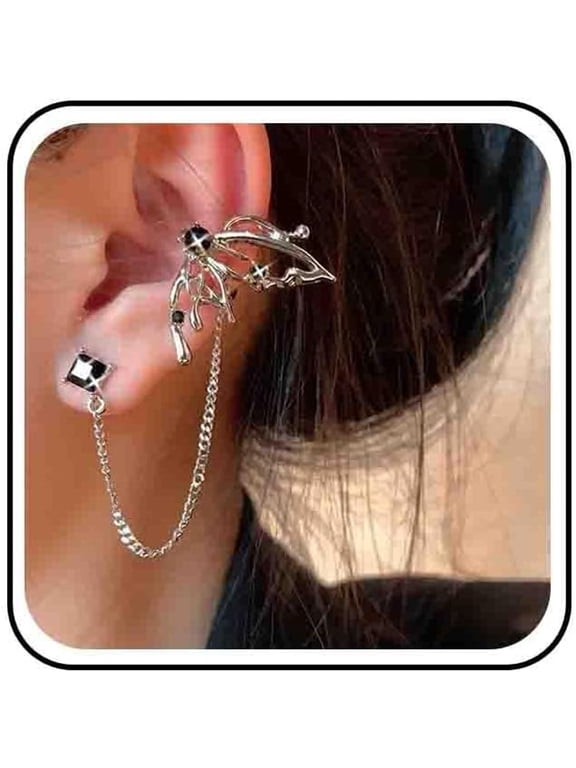 Gothic Butterfly Cuff Earrings with Chain Wrap Silver Half Huggie Hoop Clip on Earrings Long Dangle Small Crystal Ear Climber Simple Square Tiny Black Stud Dainty Cz Crawler Minimalist