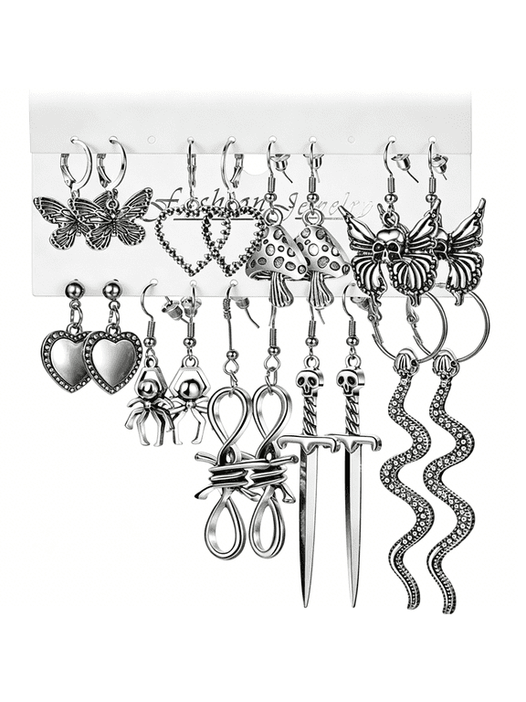 Gothic Earrings Set,Metal Punk Goth Vintage Silver Snake Spider Butterfly Dagger Dangle Drop Earrings for Women,Emo Jewelry Pack Party Costume Accessories