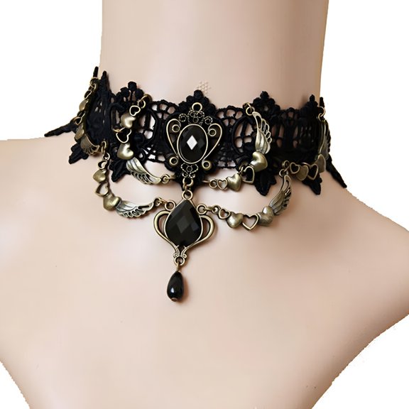 DESIGNICE Gothic Punk Faux Gem Black Lace Ring Bracelet