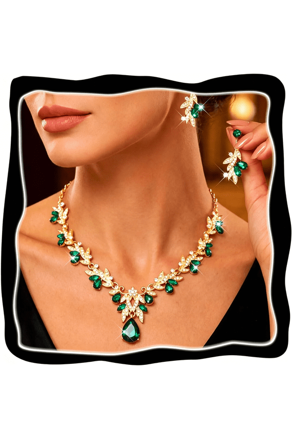 Green Necklace and Earring Set Rhinestone Formal Wedding Jewelry Sets for Women