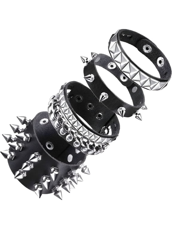Spiked Bracelets Grunge Studs Alt Goth Emo Y2K Punk Jewelry Accessories For Rocker Skater Biker,Men Black Pu Leather Cuff Bracelet Set