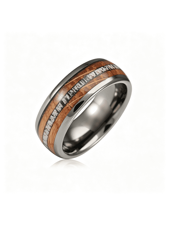 Gunmetal Gray Tungsten Rings for Men Whiskey Barrel Wood & Elk Antler Inlay Wedding Promise Engagement Band Size 6-16 Mens Wedding Ring