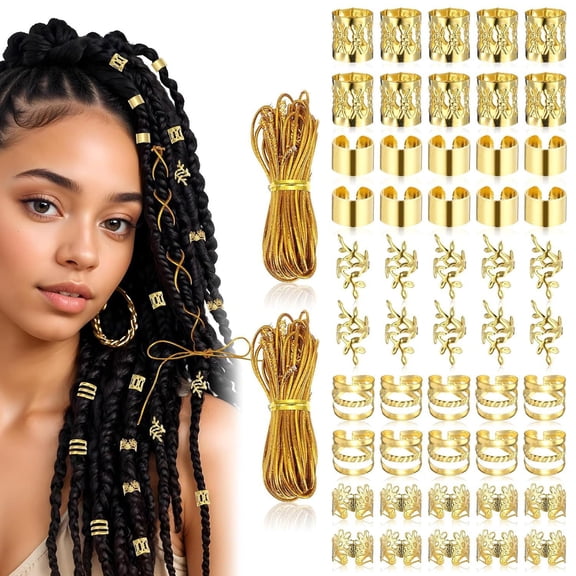 DESIGNICE Hair Braid Rings Hair Cuffs Set,Metal Hair Jewelry for Braids,Flexible Opening,Dreadlock Hair Extensions,Hair Accessories for Woman and Man,52Pcs,Gold