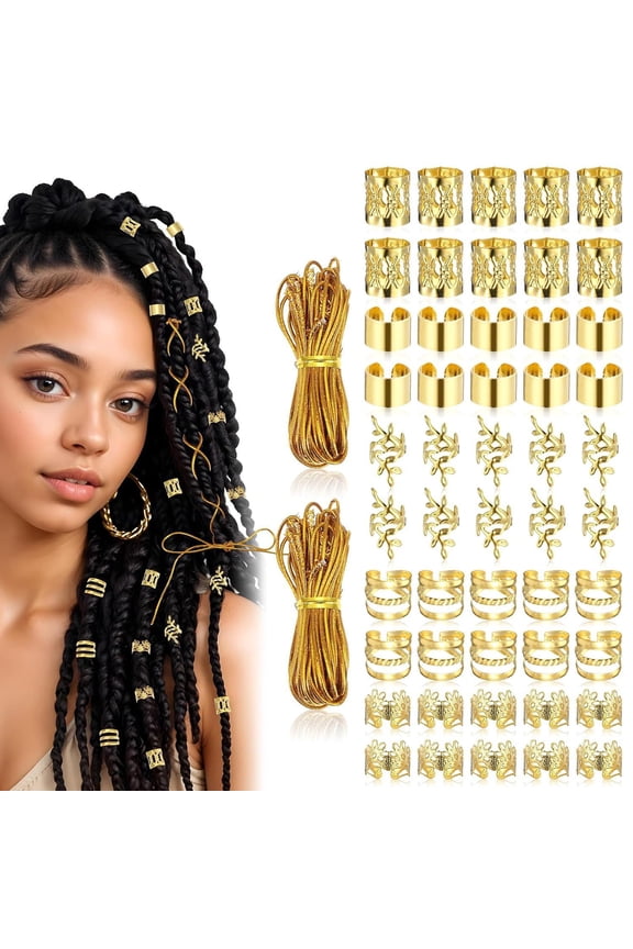 Hair Braid Rings Hair Cuffs Set,Metal Hair Jewelry for Braids,Flexible Opening,Dreadlock Hair Extensions,Hair Accessories for Woman and Man,52Pcs,Gold