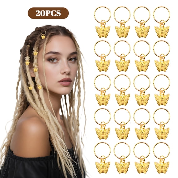 DESIGNICE Hair Braid Rings Hair Cuffs Set,Metal Hair Jewelry for Braids,3D Butterfly Gold Hair Cuffs,Pendant Headdress,Dreadlock Accessories,20Pcs