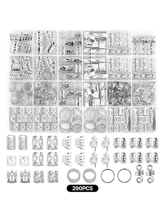Hair Braid Rings Hair Cuffs Set,Metal Hair Jewelry for Braids,Flexible Opening,Dreadlock Accessories for Woman and Man,290Pcs,Silver