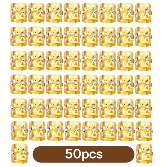 DESIGNICE Hair Braid Rings Hair Cuffs Set,Openwork Diamond Hair Jewelry for Braids,Side Opening Dreadlock Accessories,Gold Hair Accessories for Woman and Man,50Pcs