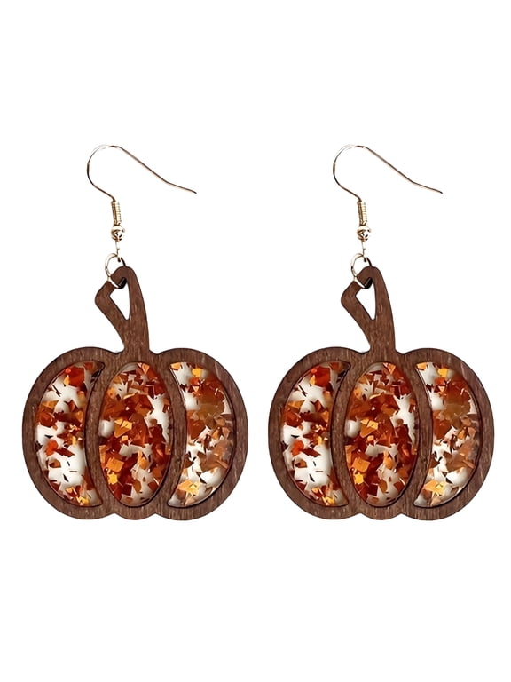 Halloween Earrings,Orange Pumpkin Goth Earrings,Wood Warp-Resistant Drop Earrings for Women,Orange