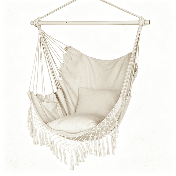 DESIGNICE Hammock Chair,Hanging Rope Swing Seat with 2 Cushions,Macrame Hanging Chair Side Pocket with High Load-Bearing Metal Rod,For Indoor,Outdoor,Extra Comfortable