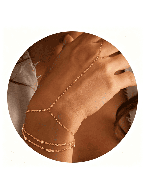 Hand Chain Bracelets for Women-14K Real Gold Plated Dainty Stackable Paperclip Link Bracelets Hand Chain Bracelet Ring Gold Bracelets for Women Trendy