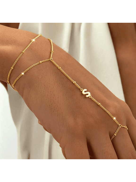 Hand Chain Bracelets for Women Dainty Gold Ring Cuff Bracelet Letter S Initial Hand Chain for Women Trendy Link Charm Bracelet Personalized Gold Jewelry Birthday Gifts for Women