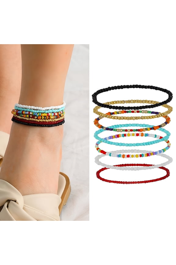 Handmade Beaded African Anklets Multicolor Women Stretch Beads Rainbow Ankle Bracelets Glass Bead Bracelet Elastic Foot and Hand Chain Jewelry Gift